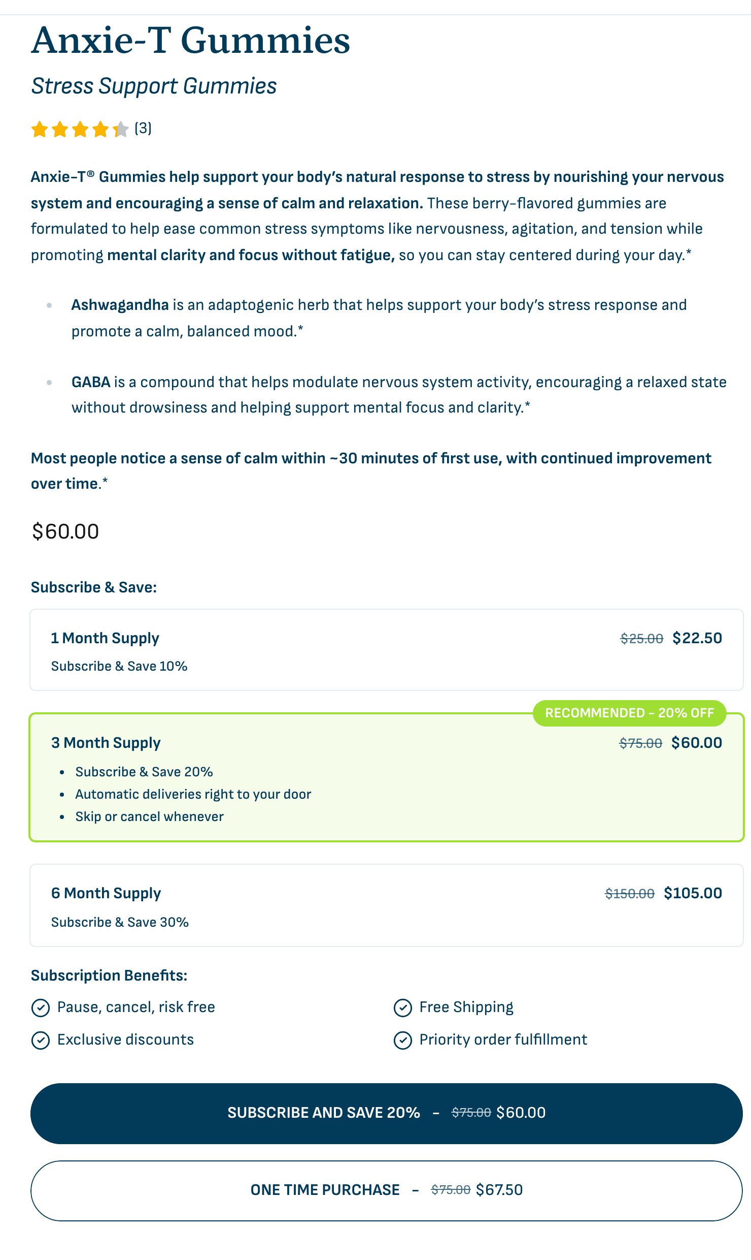 LifeSeasons' supply tiles with the three-month option selected