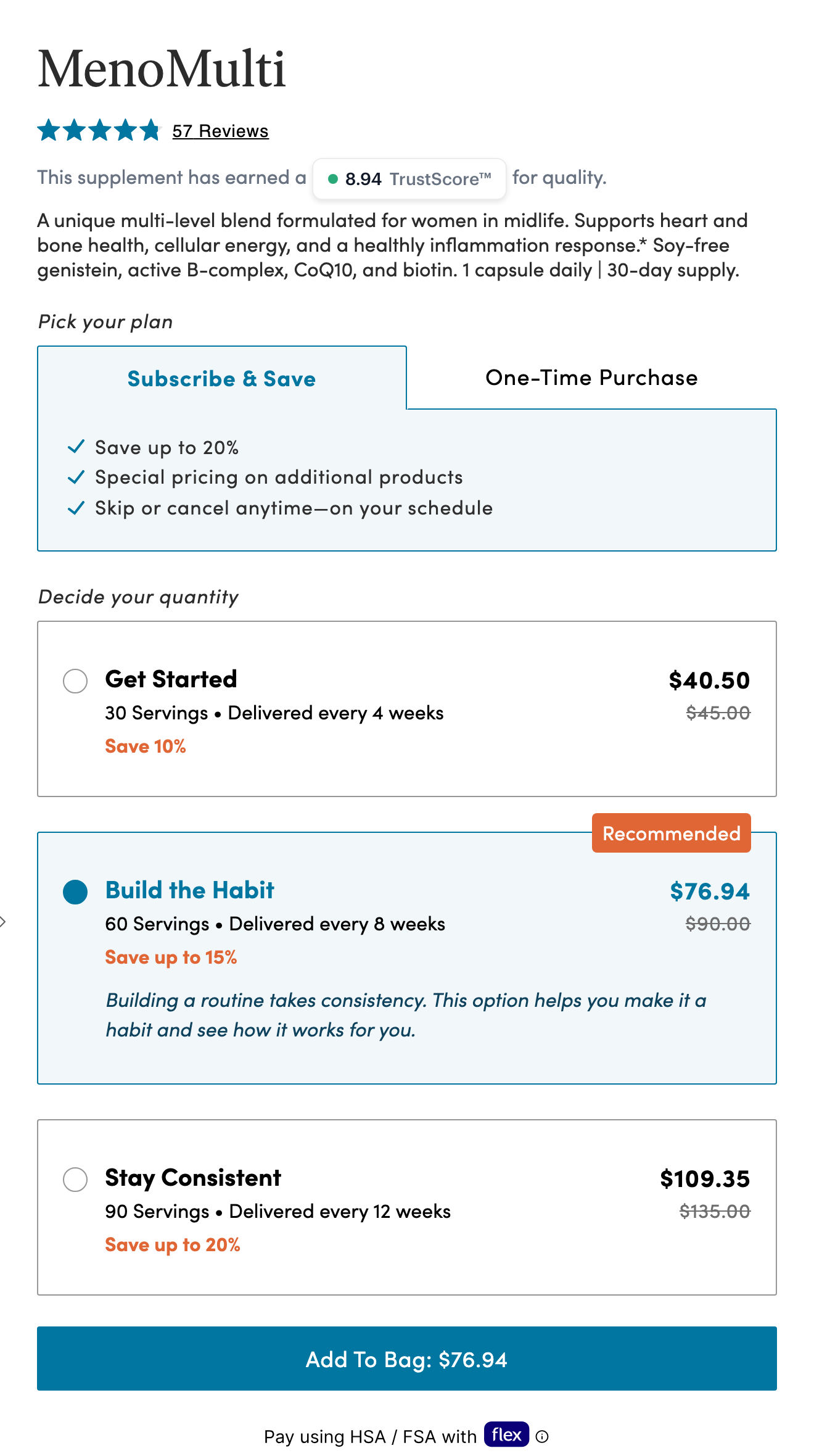 The Pause Life's buy box with the subscription selected, showing three checkmarked perks